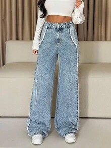 EURMUSE Jean à taille mi-haute avec détails sur les côtés et jambes évasées