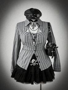 Sunspun Plus Size Women Vintage Elegant Striped Waist Shirt Halloween - Black - View 1