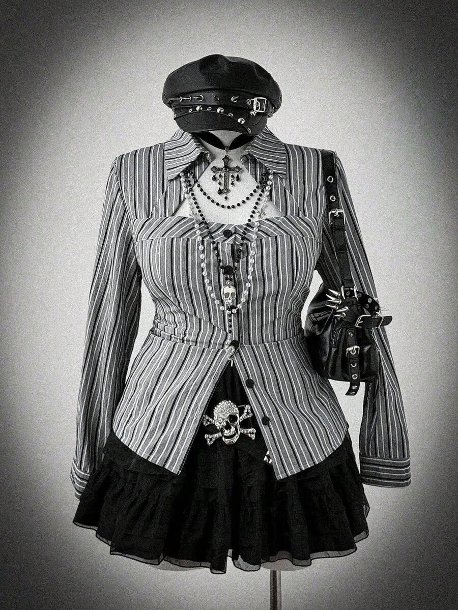 Sunspun Plus Size Women Vintage Elegant Striped Waist Shirt Halloween - Black - View 1