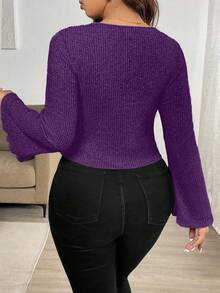 Vionelle 秋季大码休闲纯色扭纹不对称下摆T恤 - 紫色 - 查看 2