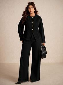 Elaquor Áo khoác denim dài tay màu trơn thường ngày cỡ lớn dành cho nữ - màu đen - Xem 8