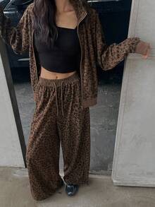 DAZY 2pcs Women's Leopard Ribbed Loose Jacket And Pants Set