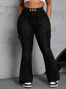 SHEIN SXY Blugi elastici evazați pentru femei, mărime mare, de iarnă - Negru - Vizualizare 6