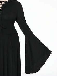 ROMWE Robe longue à capuche de style gothique grande taille avec lien au cou, manches évasées, décoration d'anneau métallique, fentes latérales, robe à capuche longue et sexy, robe gothique grande taille pour l'automne/hiver, robe à capuche tricotée gothique sexy et punk - Noir - Voir 3