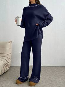 SHEIN Tall Ensemble tricoté de pull et pantalon décoré de perles, style décontracté pour l'automne/hiver
