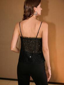 MOTF PREMIUM 蕾丝亮片透视吊带背心 - 黑色 - 查看 3