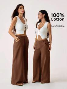 SHEIN PETITE 100% 水洗纯棉低腰直筒裤 - 棕色 - 查看 7