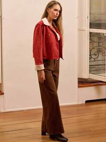 lacRébo Faux Suedette Jacket With Contrast Sherpa Collar And Cuffs Spring Women Spring Red Jacket Premium Jacket New Year Red Button Up - Burgundy - View 1