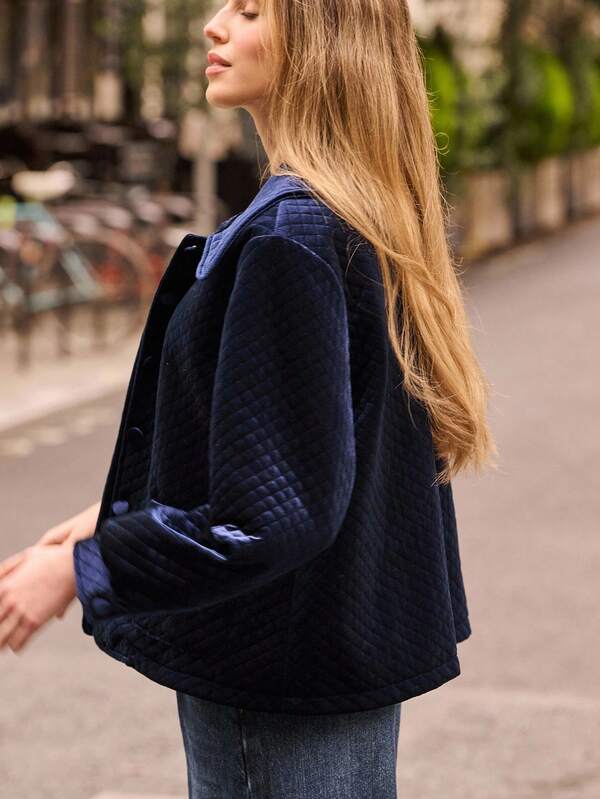 lacRébo Navy Quilted Velvet Jacket With Front Pockets And Button Closure Fall Women Clothes Autumn Outfits Fall Women Clothes Autumn Winter Premium Jacket Going Out Jacket