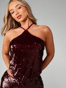 MISSGUIDED Luxury Burgundy Sequin Halterneck Crop Top Party Club Evening Holiday Festival Glam Occasion Wear - Red - View 1