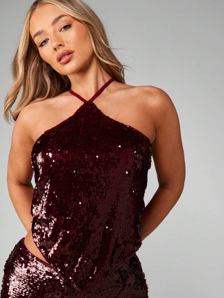 MISSGUIDED Sequin Halter Neck Crop Top With Tie Back Christmas