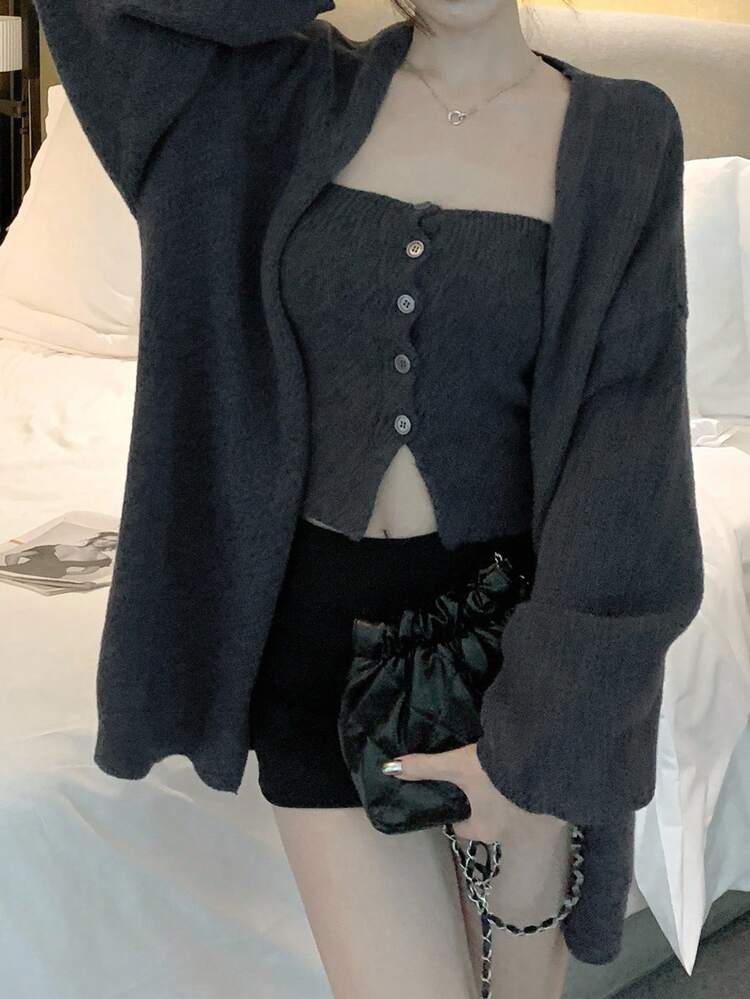 Women's Solid Color Casual Loose Long Sleeve Cardigan With Camisole, Korean Style 2-Piece Set, Autumn/Winter