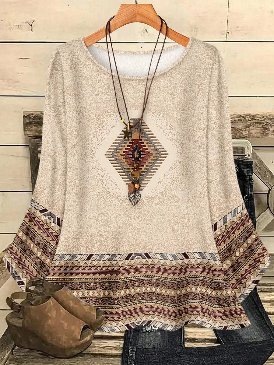 EMERY ROSE Plus Size Women Casual All-Over Print Round Neck Loose 3/4 Sleeve Shirt, ,Flower/Spring/Summer/Vacation Fall - Khaki - View 1