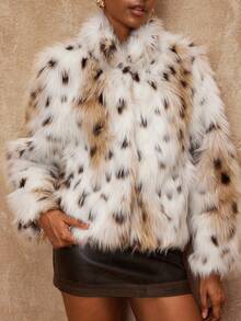 SHEIN Privé 女式动物印花长袖立领宽松仿皮草夹克 - 米色 - 查看 10