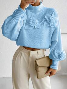 Almamuse Solid Color High Neck 3D Floral Decor Long Sleeve Pullover Sweater - Blue - View 5