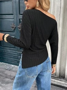 Chiquease Women's Black Autumn Elegant Night Out Two Pieces Set,French Minimalist Asymmetrical Shoulder Textured Knitted Long-Sleeve T-Shirt,Waist-Cinching Top - Black - View 2