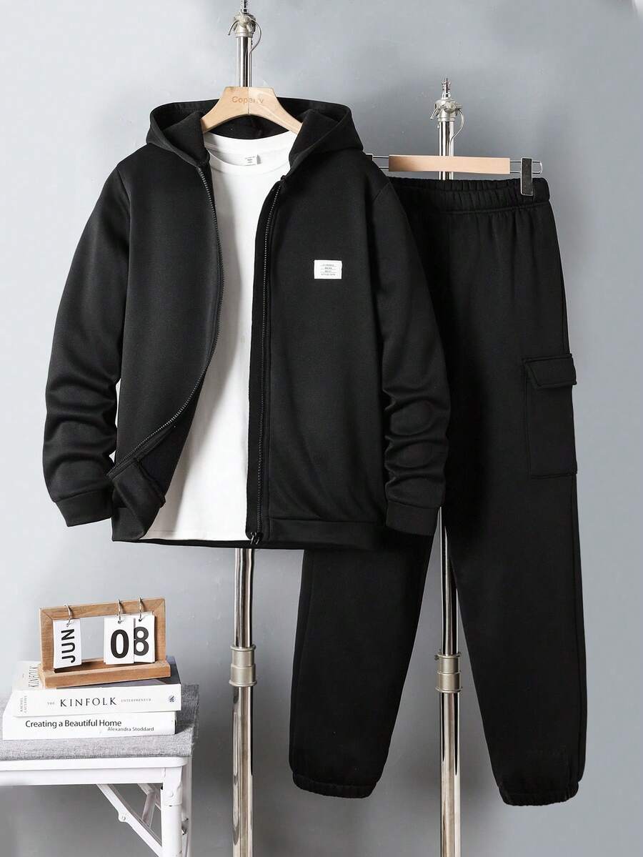 Teenage Boys Casual Hoodie Sweatshirt And Drawstring Pants Set, Suitable For Leisure And Sports Wear