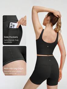 GLOWMODE FeatherFit™ U-Back Cropped Active Tank & 4.3" Tummy Control Biker Shorts Set Low Impact Yoga Daily - Black - View 5