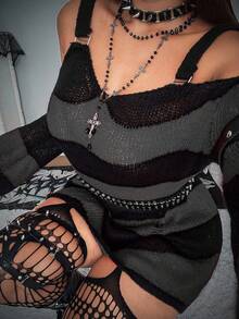 Whyspr Plus Size Fashionable Color Block Striped Distressed Off-Shoulder Sweater, Autumn