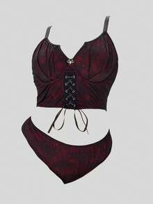 ROMWE Goth Plus Size Gothic Spider Web Underwire Bra & Panty Sexy Lingerie Set