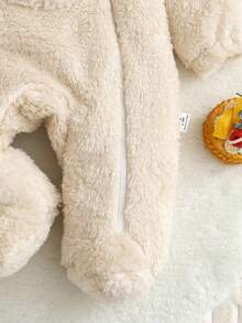 SHEIN 女婴毛绒耳袋连帽长袖柔软舒适优雅连体衣，黄色