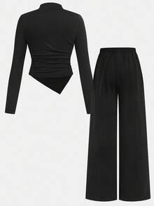 SHEIN 青少年女孩休闲基本款简约舒适高弹力羊毛立领不对称褶饰修身上衣和宽松阔腿裤两件套，返校季，黑色，适合日常外出