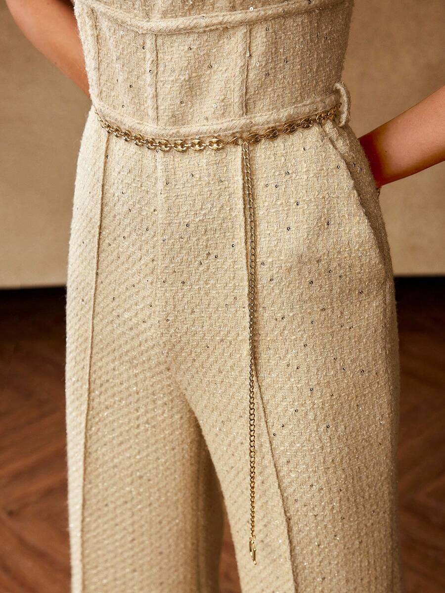 MOTF PREMIUM 链条腰带粗花呢喇叭腿连体裤，冬季，约会