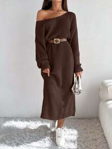 EURMUSE Satin Ribbon Detail On Back Dress Elegant Cute Simple Casual Street - Brown - View 2