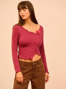 lacRébo 勃艮第针织不对称修身上衣，带荷叶边和 3D 玫瑰贴花细节，秋冬 - 紫色 - 查看 5