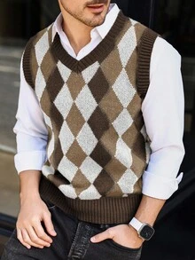Manfinity Mode Men's Contrast Argyle Knit Sweater Vest, Fall/Winter - Multicolor - View 3
