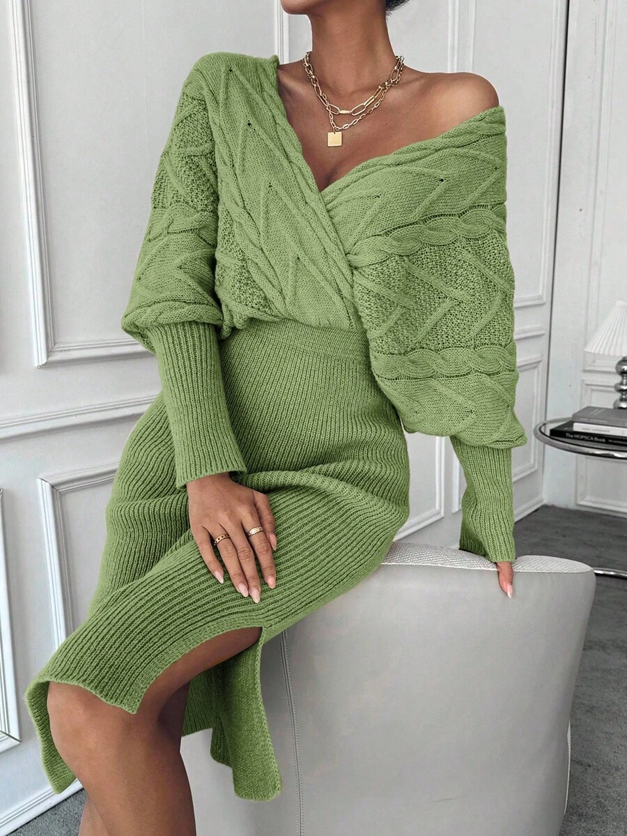 EMERY ROSE Vestido de punto con mangas de murciélago, bajo dividido y envolvente, conjunto de dos piezas de punto, conjunto de suéter y falda, conjunto de dos piezas de invierno - Verde - Ver 1