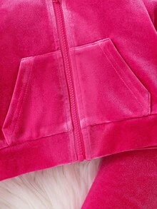 SHEIN 女婴纯色长袖连帽水钻装饰休闲运动衫套装 - 玫紅色 - 查看 5