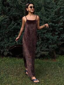 DAZY Velvet Floral Print Slip Dress, Straight Casual Dress For Women, Autumn/Winter Dress - Brown - View 4