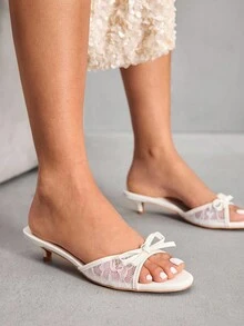 CUCCOO SZL Women's Elegant Bow Tie Round Toe Kitten Heel Sandals, Romantic Mesh Patchwork High Heels Suitable For Tea Party, Date, Vacation