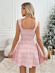 SHEIN LUNE 方领收腰褶饰低腰无袖连衣裙，粗花呢纹理面料，休闲优雅通勤复古风格迷你连衣裙，适合秋冬女士 - 彩色 - 查看 2