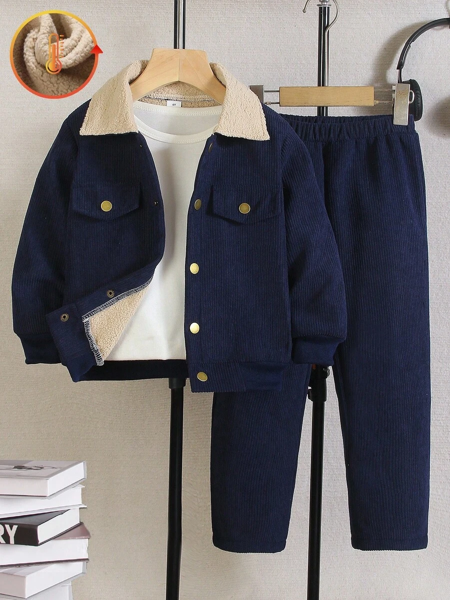 Genkimix Kids Conjunto de 2 peças de roupa para meninos, casaco cardigan forrado de lã combinado com calças de cintura elástica, adequado para eventos formais, escola, feriados, uso diário