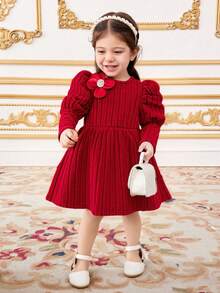 Elladie kids Baby Girls 3D Floral Decor Red Elegant Long Sleeve Dress,Autumn/Winter Christmas Outfits Princess Halloween Party Dresses For Vacation - Red - View 7