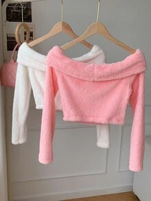 Comfortcana Women's Casual Fluffy Off Shoulder Long Sleeve T-Shirt, Autumn/Winter