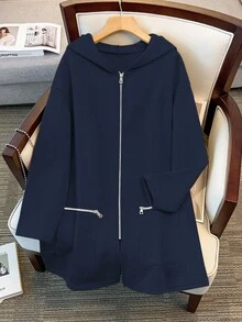 SHEIN Clasi Sudadera con capucha de forro polar con cremallera y unicolor, talla grande, otoño - Azul Marino - Ver 1