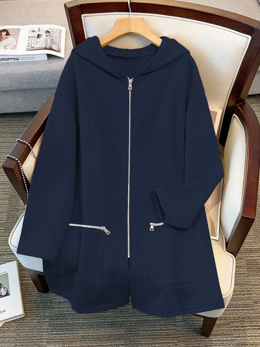SHEIN Clasi Sudadera con capucha de forro polar con cremallera y unicolor, talla grande, otoño - Azul Marino - Ver 1