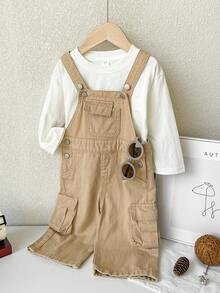 SHEIN 男童卡其色牛仔宽松背带裤 - 卡其色 - 查看 6