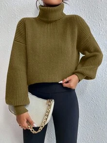 Celisse Sweater Pullover Kasual Longgar Lengan Panjang Kerah Tinggi Bahu Jatuh Warna Polos untuk Wanita, Musim Gugur/Dingin - Perunggu - View 6