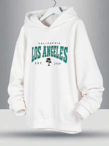 SHEIN Teens Young Men's White Autumn Y2K Graduation Back-To-School California Los Angeles Letter Graphic Print Hooded Pullover Sweatshirt,Casual Streetwear - White - View 2