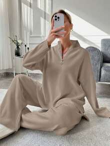 EURMUSE Women's Half Zipper Sweater And Pants Set - Beige - View 3