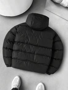 Manfinity Homme 男士绗缝拉链连帽长袖羽绒服，冬季外套 - 黑色 - 查看 2