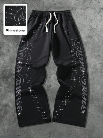 Street Life Pantalones de chándal rectos con adornos de strass con estilo callejero estadounidense para hombres