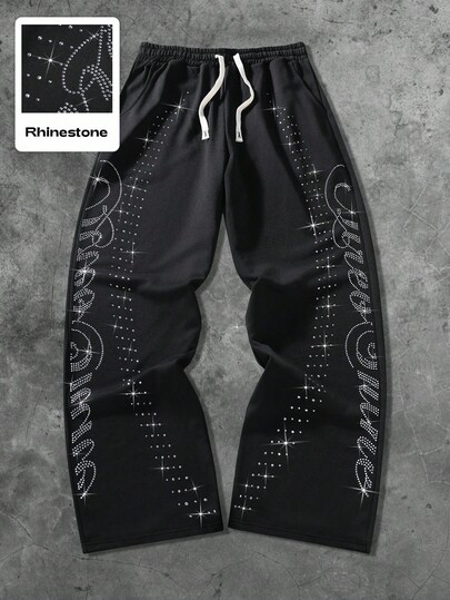 Street Life Pantalones de chándal rectos con adornos de strass con estilo callejero estadounidense para hombres