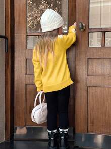 SHEIN Young Girl Floral Pattern Round Neck Raglan Sleeve Casual Loose Knit Sweater, Autumn/Winter - Yellow - View 2