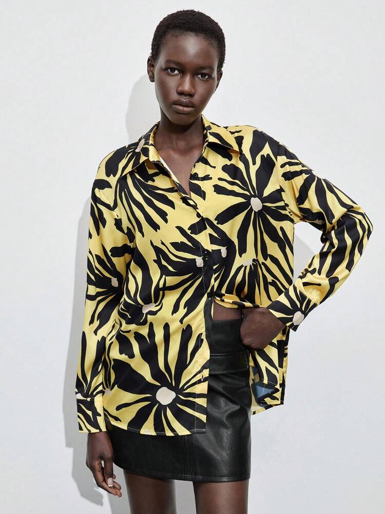 SHEIN Maija Women's Fashion Floral Print Satin Blouse, Suitable For Commuting, Winter, Autumn, Halloween Costumes, Christmas Party, New Year, Thanksgiving