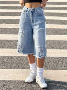 Muchica Quần short denim rách màu xanh nhạt dành cho nữ, có đai thắt lưng - Rửa nhẹ - Xem 5